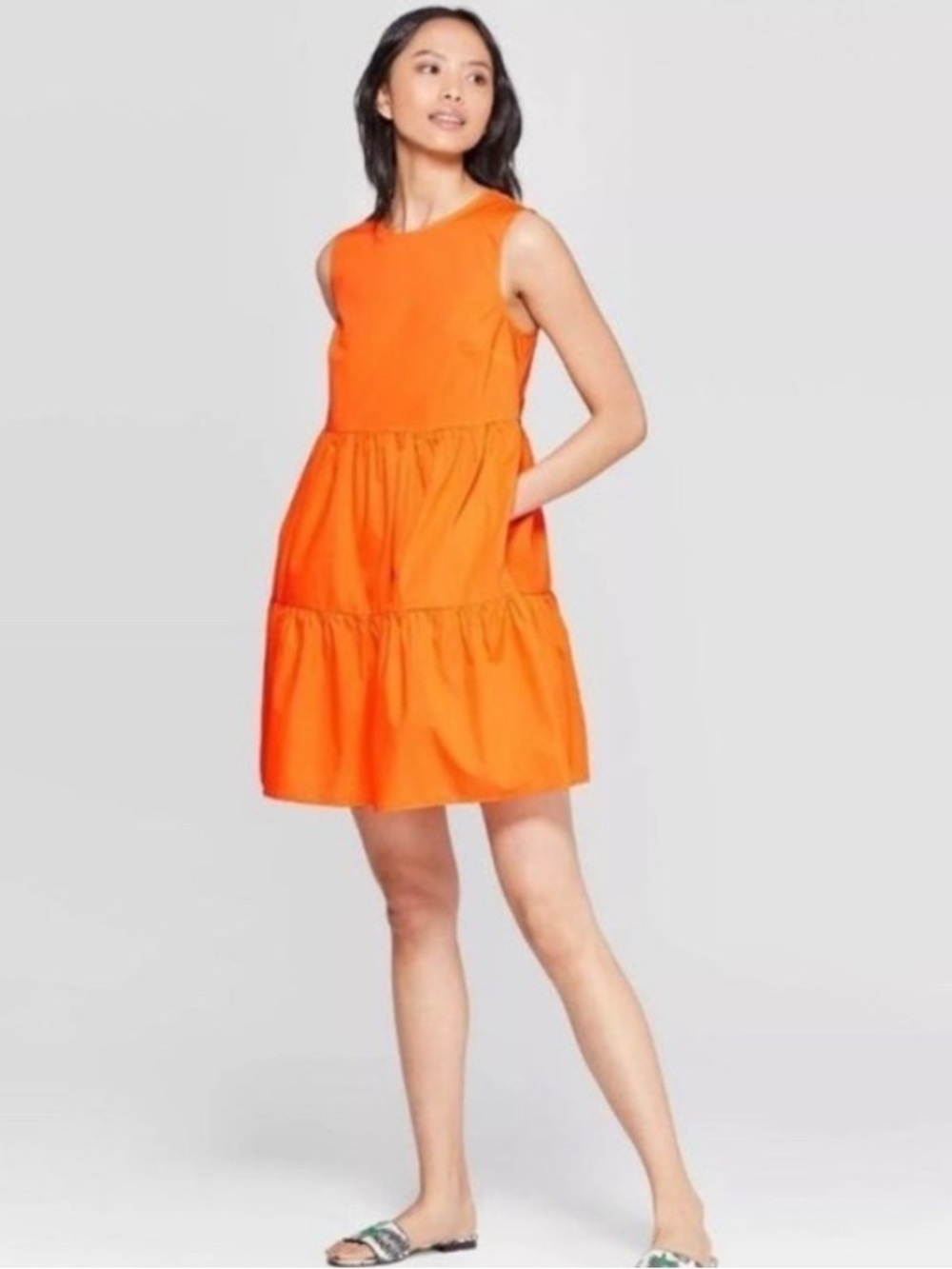 Who What Wear Orange Sleeveless Tiered Summer Party Dress - Medium - Cotton
